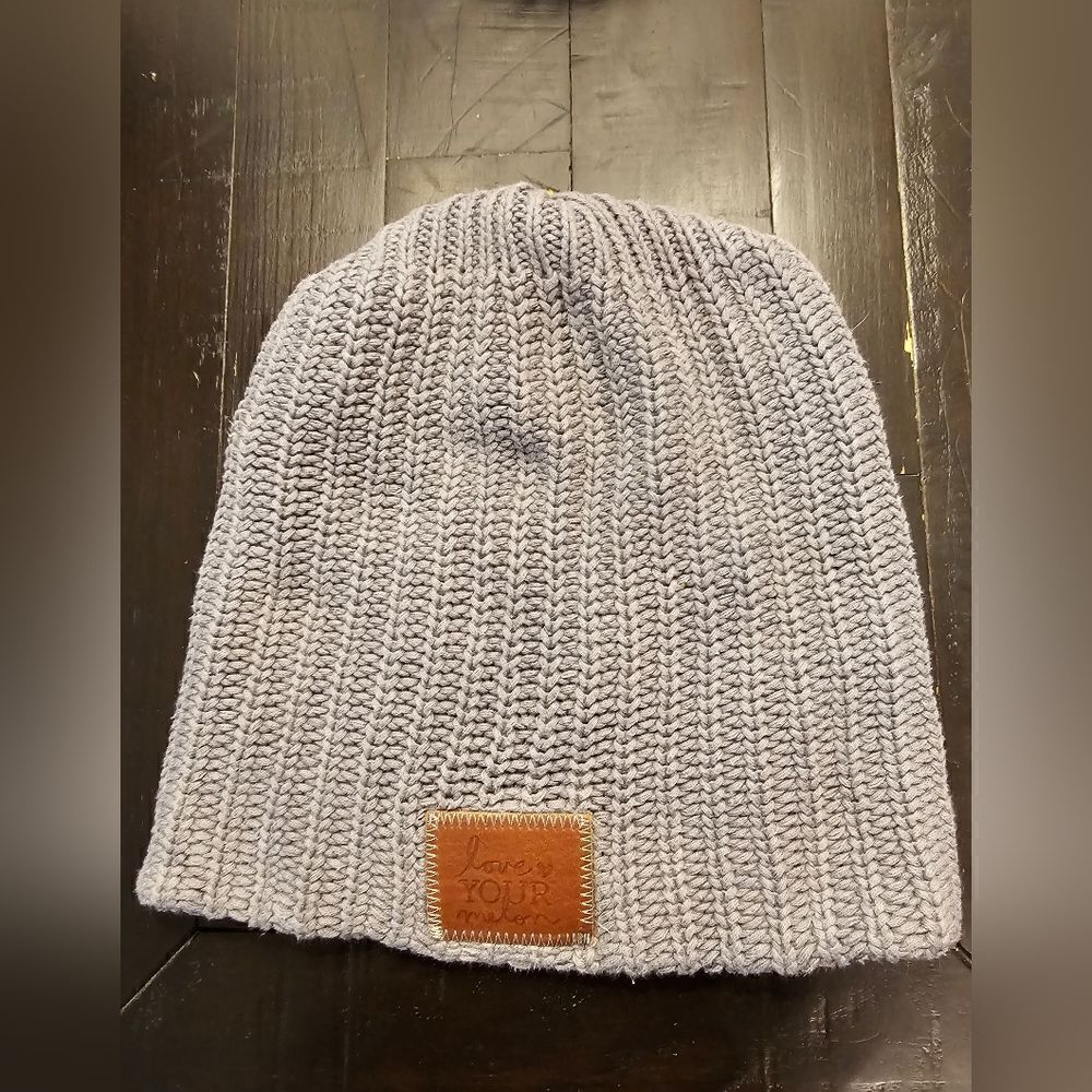 Love your melon beanie in gray with brown leather patch